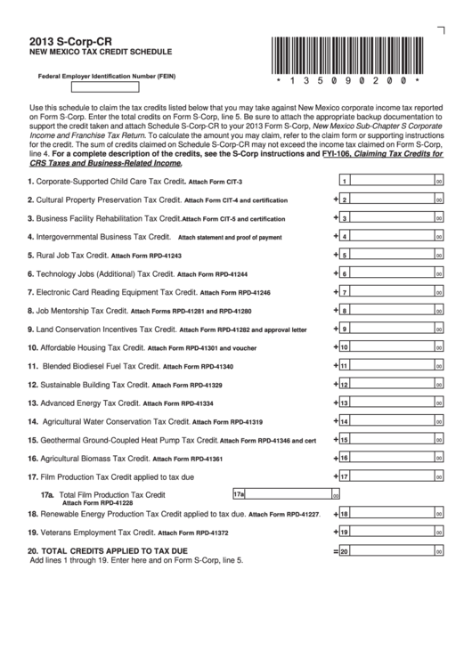 Form S-Corp-Cr - New Mexico Tax Credit Schedule - 2013 Printable pdf