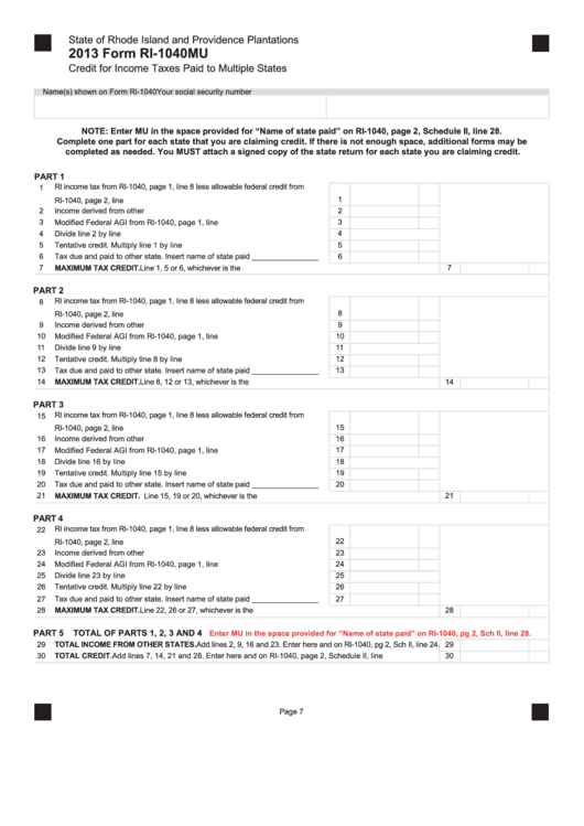 Fillable Form Ri-1040mu - Credit For Income Taxes Paid To Multiple States - 2013 Printable pdf