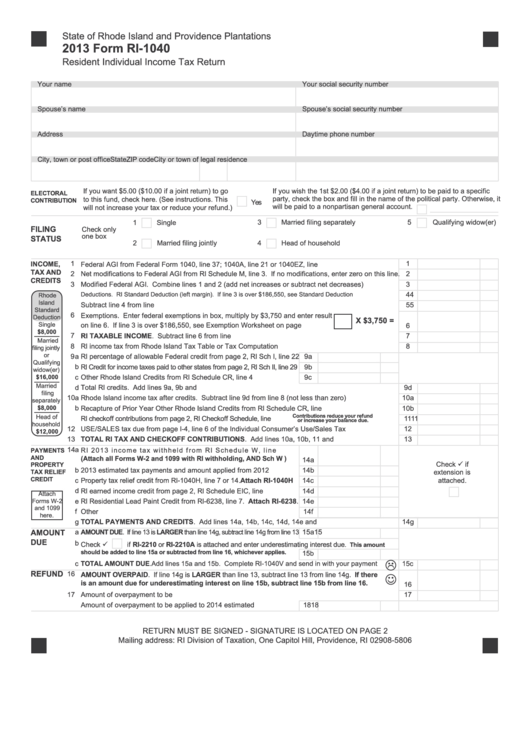 Fillable Form Ri-1040 - Resident Individual Income Tax Return - 2013 Printable pdf