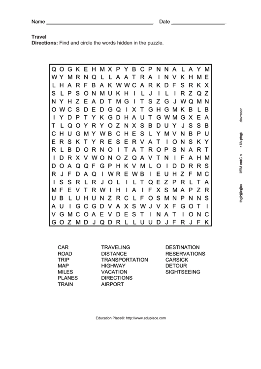 Travel Word Search Puzzle Printable pdf