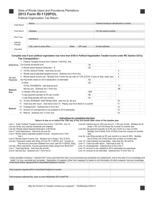 Fillable Form Ri-1120pol - Political Organization Tax Return - 2013 Printable pdf