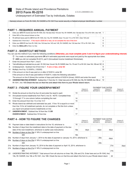 Form Ri-2210 - Underpayment Of Estimated Tax By Individuals, Estates - 2013 Printable pdf