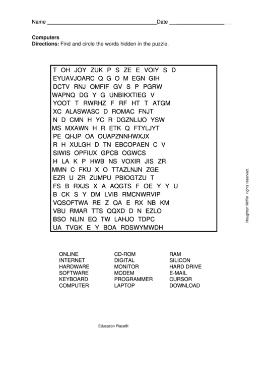 Computers Word Search Puzzle Template Printable pdf