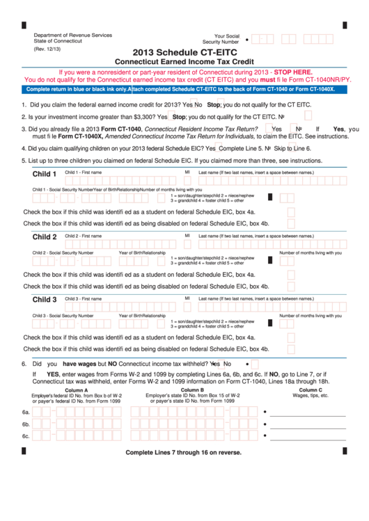 Fillable Schedule Ct-Eitc - Connecticut Earned Income Tax Credit - 2013 Printable pdf