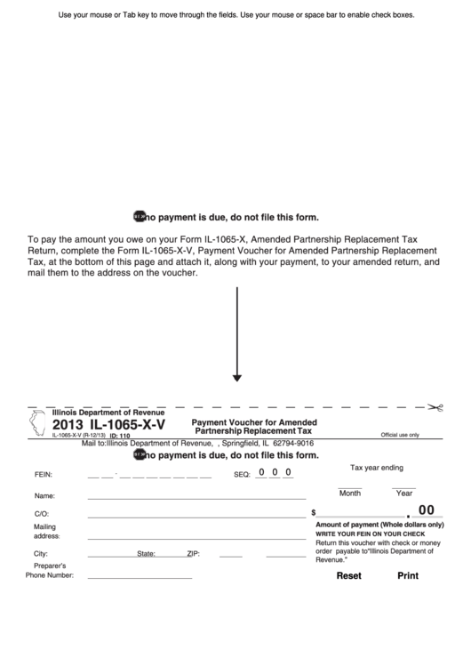 Fillable Form Il-1065-X-V - Payment Voucher For Amended Partnership Replacement Tax - 2013 Printable pdf