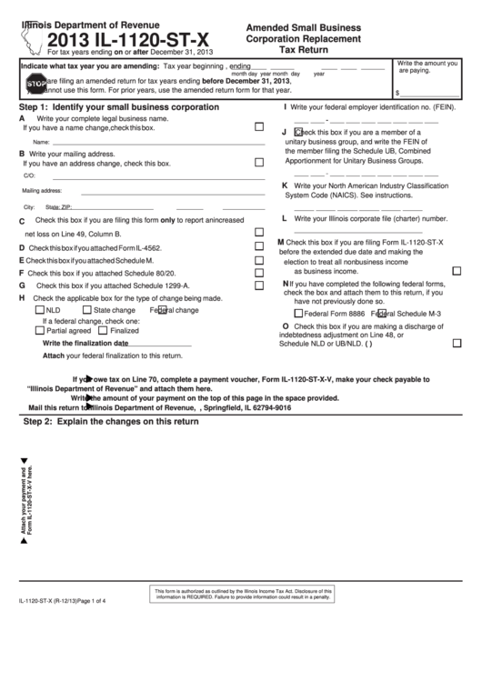 Fillable Form Il-1120-St-X - Amended Small Business Corporation Replacement Tax Return - 2013 Printable pdf