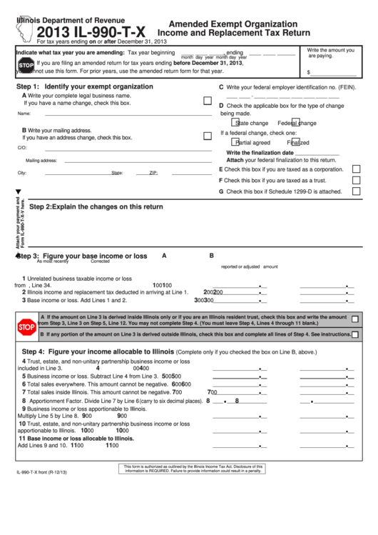 Fillable Form Il-990-T-X - Amended Exempt Organization Income And Replacement Tax Return - 2013 Printable pdf
