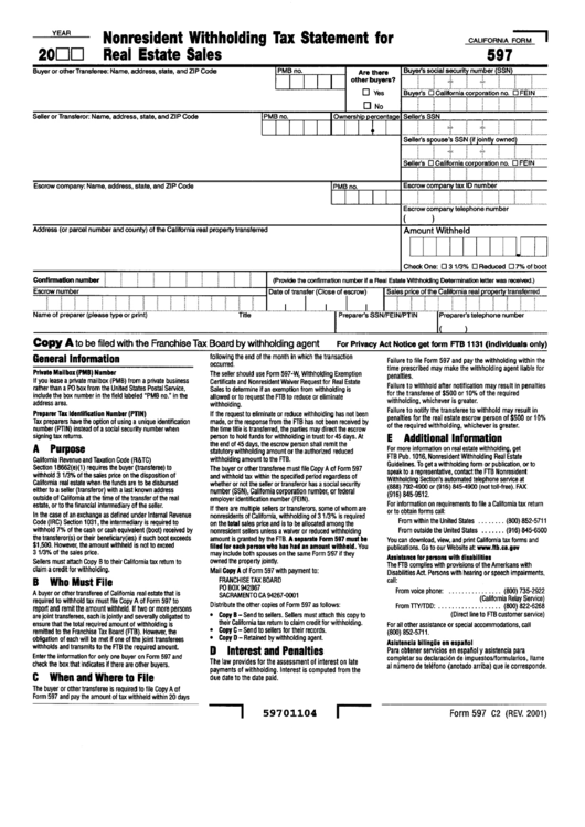 Form 597 - Nonresident Withholding Tax Statement For Rea Estate Sales Printable pdf