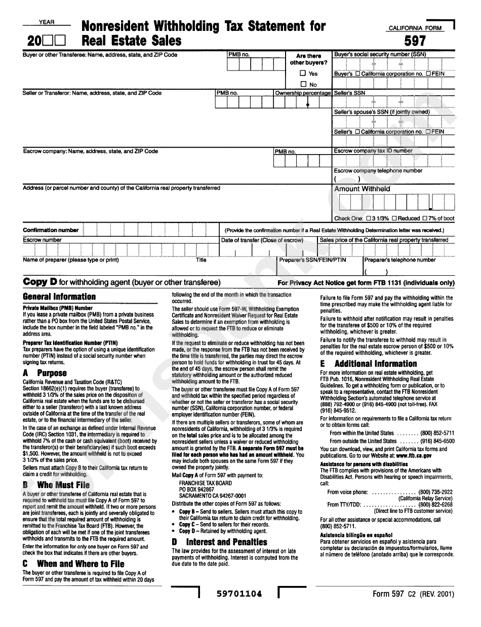Form 597 - Nonresident Withholding Tax Statement For Rea Estate Sales