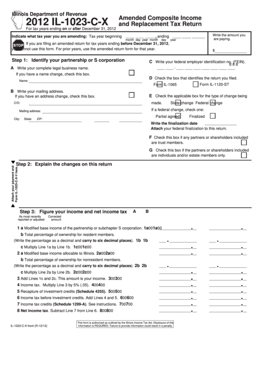 Fillable Form Il-1023-T-X - Amended Composite Income And Replacement Tax Return - 2012 Printable pdf