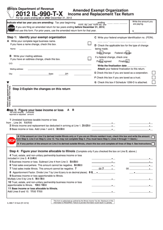 Fillable Form Il-990-T-X - Amended Exempt Organization Income And Replacement Tax Return - 2012 Printable pdf