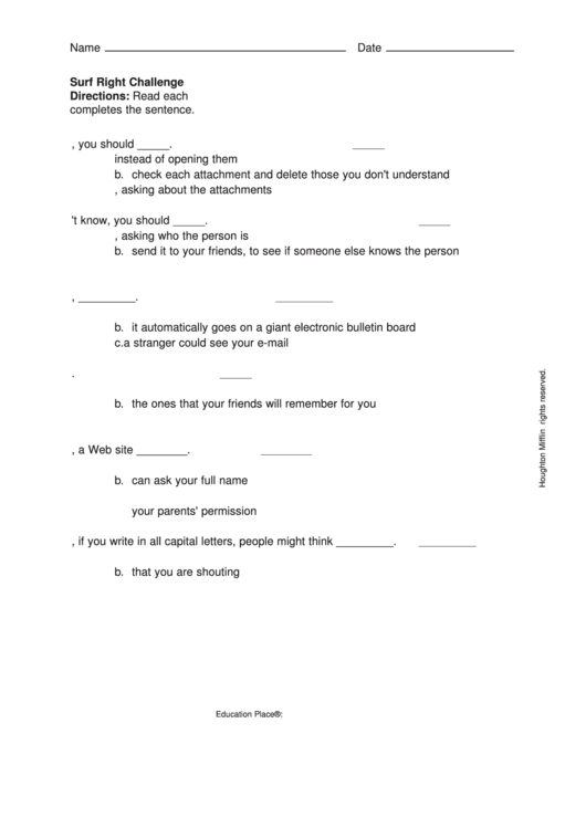 Surf Right Challenge Quiz Printable pdf