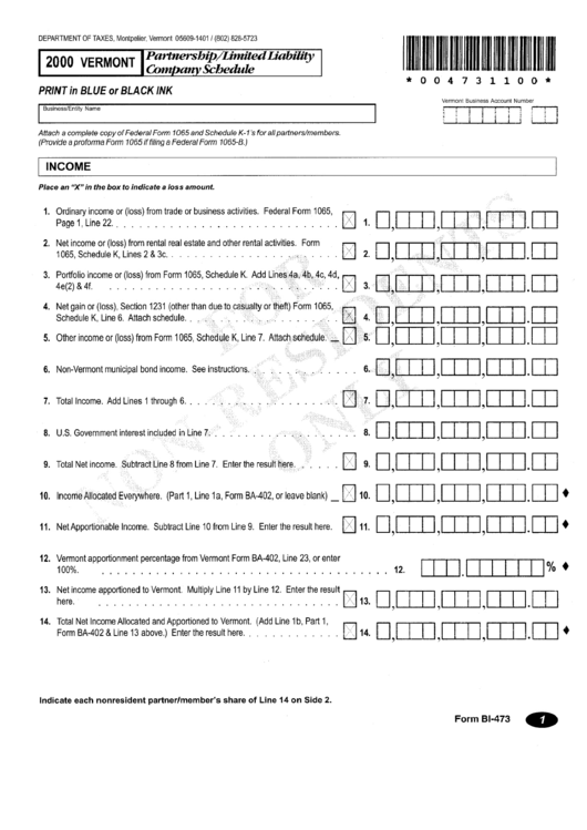 Form Bi-473 - Partnership/limited Liability Company Schedule - 2000 Printable pdf