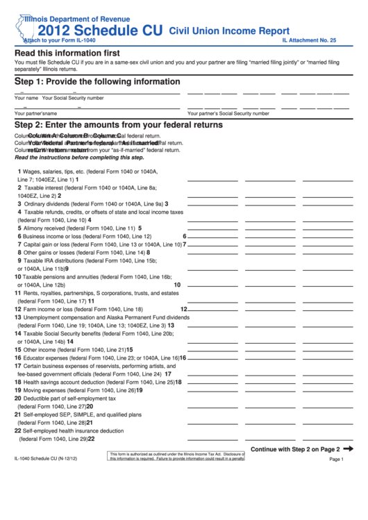 Schedule Cu - Civil Union Income Report - 2012 Printable pdf