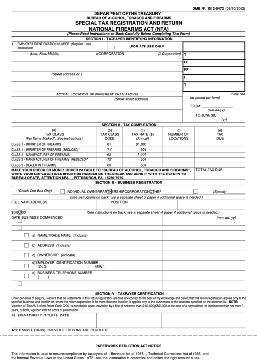 Form Atf F 5630.7 - Special Tax Registration And Return National Firearms Act (Nfa) - 1999 Printable pdf