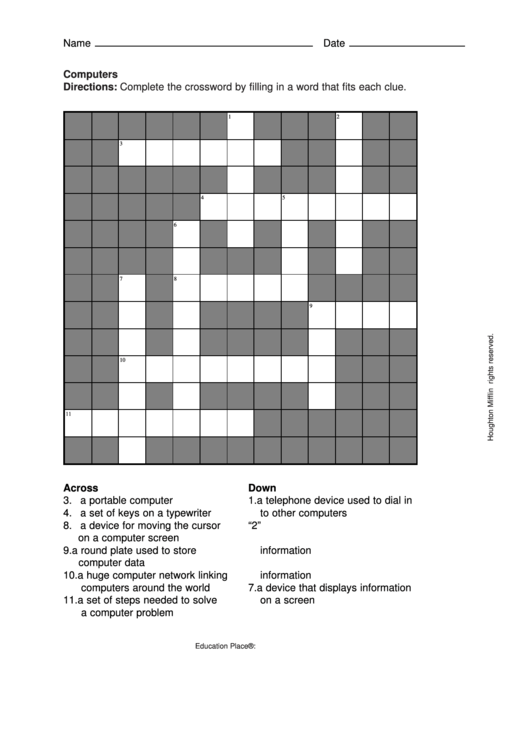 Computers Cross Word Puzzle Worksheet Printable pdf