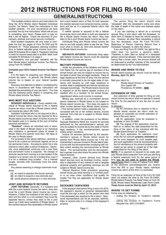Instructions For Form Ri-1040 - 2012 Printable pdf