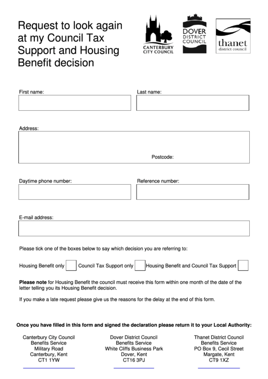 Fillable Request To Look Again At My Council Tax Support And Housing Benefit Decision Printable pdf
