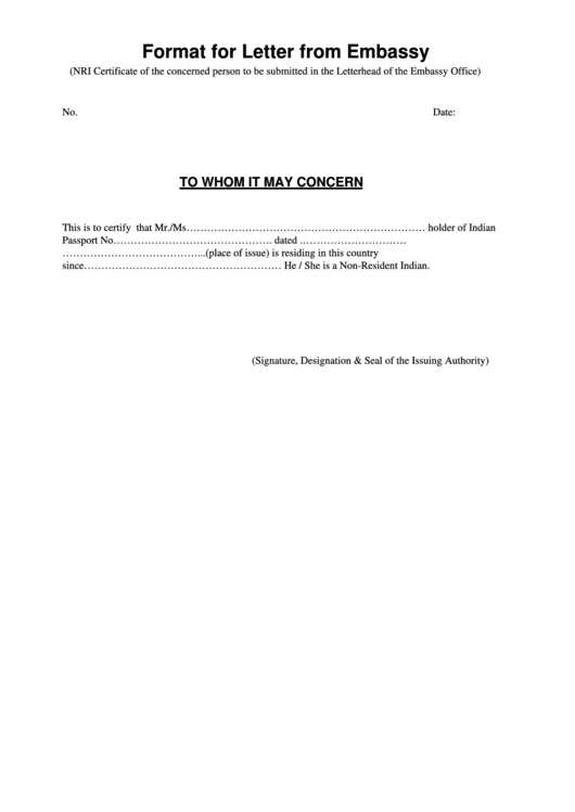 Format For Letter From Embassy - Nri Certificate Printable pdf