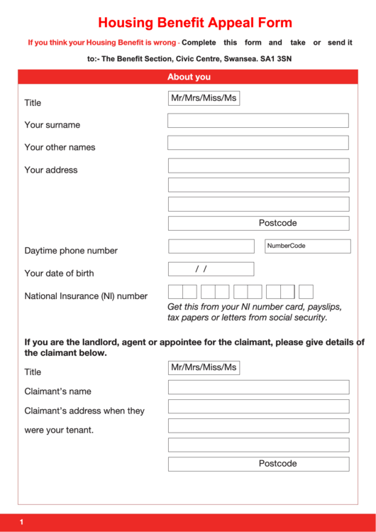 Housing Benefit Appeal Form Printable pdf