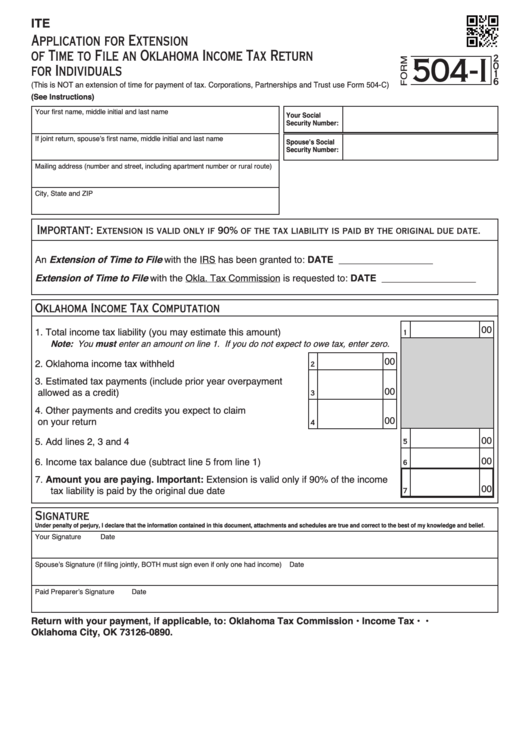 Fillable Form 504-I - Application For Extension Of Time To File An Oklahoma Income Tax Return For Individuals - 2016 Printable pdf
