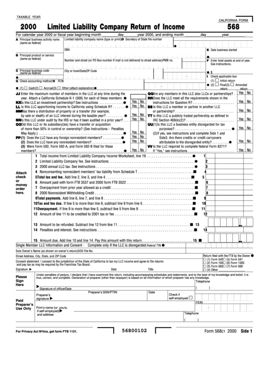 California Form 568 - Limited Liability Company Return Of Income - 2000 Printable pdf