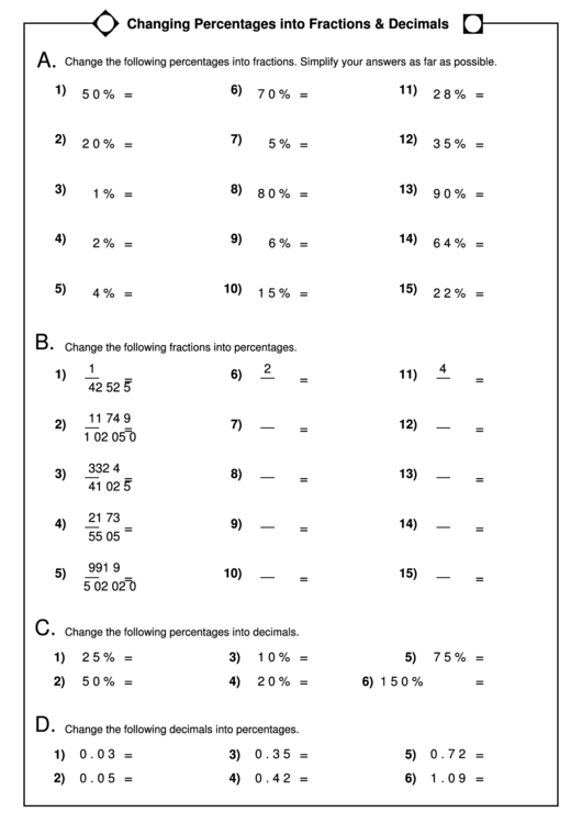 Changing Percentages Into Fractions & Decimals Worksheet Printable pdf
