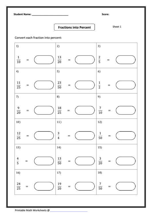 Fractions Into Percent Worksheet With Answers Printable pdf