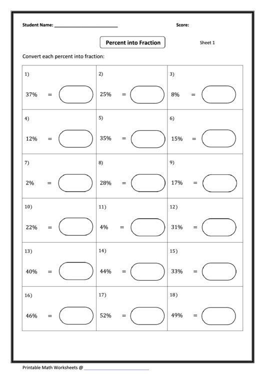 Percent Into Fraction Worksheet With Answers Printable pdf