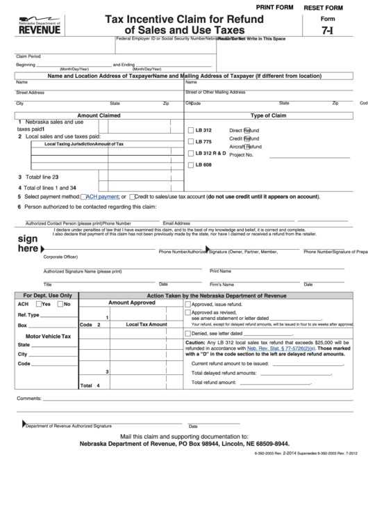 Fillable Form 7-I - Tax Incentive Claim For Refund Of Sales And Use Taxes - 2014 Printable pdf