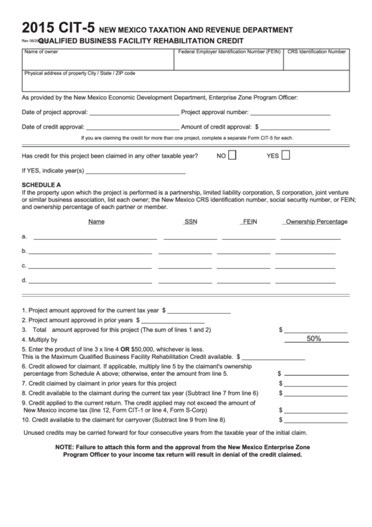 Form Cit-5 - Qualified Business Facility Rehabilitation Credit - 2015 Printable pdf