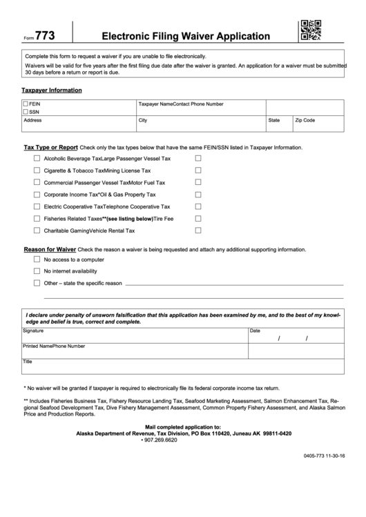 Form 773 - Electronic Filing Waiver Application Printable pdf
