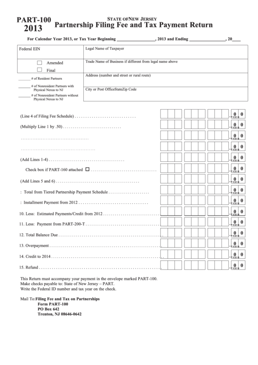 Fillable Form Part-100 - Partnership Filing Fee And Tax Payment Return - 2013 Printable pdf