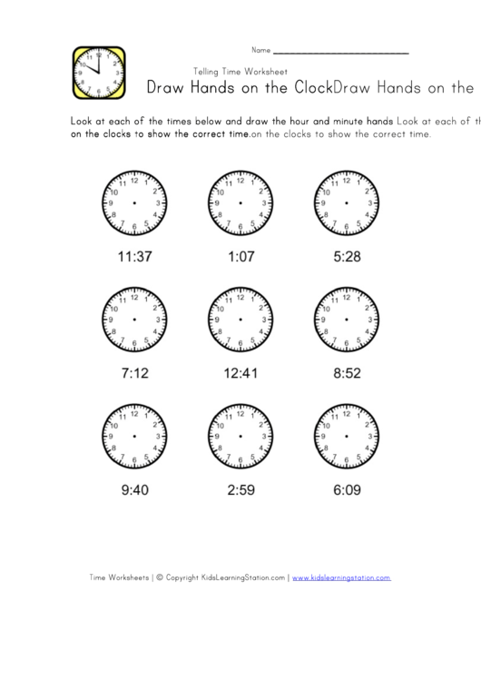 Telling Time Worksheet - Draw Hands On The Clock Printable pdf