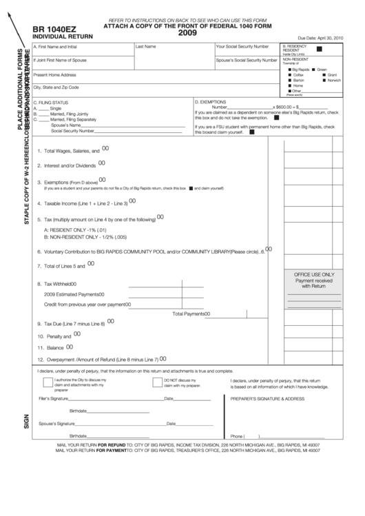 Form Br 1040ez - Attach To 1040 Form - Individual Return - 2009 Printable pdf