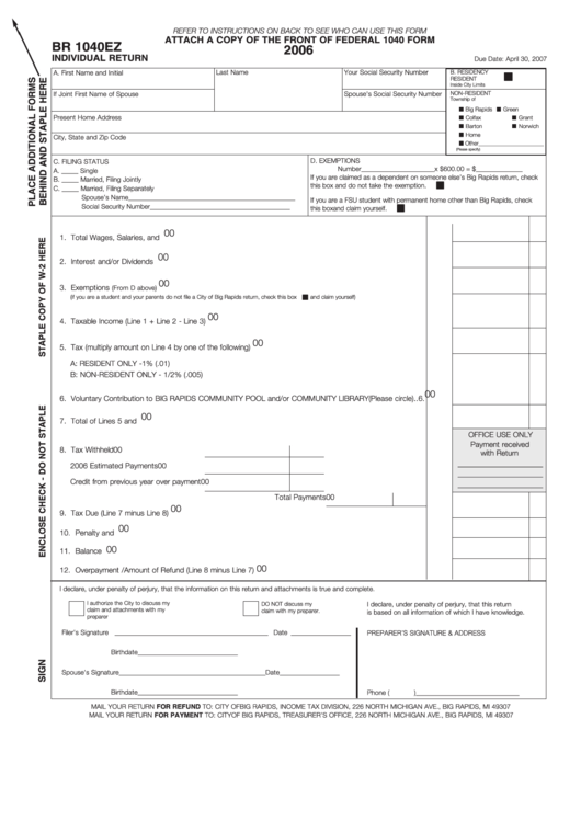 Form Br 1040ez - Attach To 1040 Form - Individual Return - 2006 Printable pdf