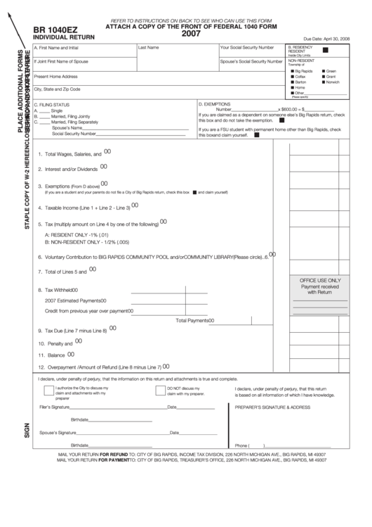 Form Br 1040ez - Attach To 1040 Form - Individual Return - 2007 Printable pdf