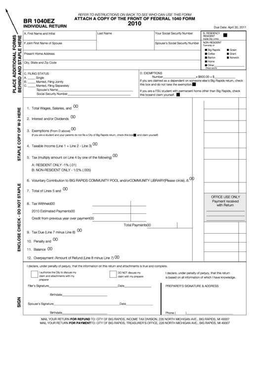 Form Br 1040ez - Attach To 1040 Form - Individual Return - 2010 Printable pdf