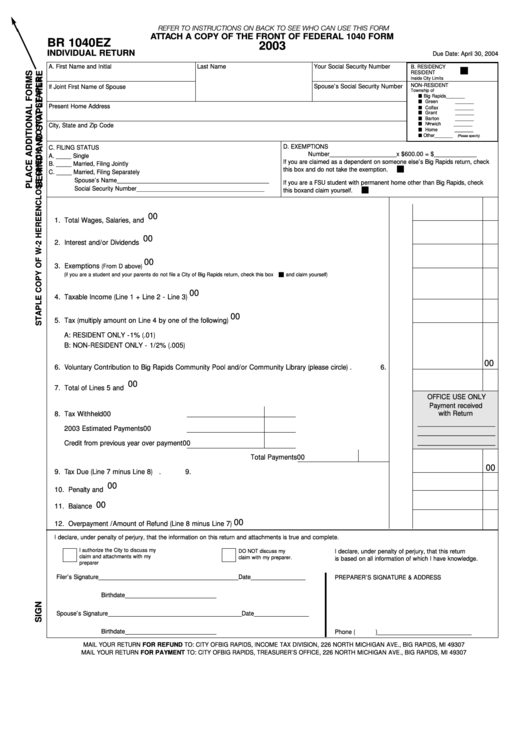 Form Br 1040ez - Attach To 1040 Form - Individual Return - 2003 Printable pdf