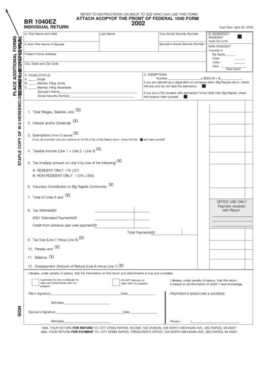 Form Br 1040ez - Attach To 1040 Form - Individual Return - 2002 Printable pdf