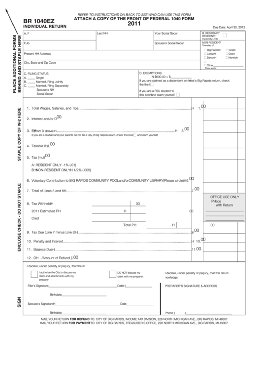 Form Br 1040ez - Attach To 1040 Form - Individual Return - 2011 Printable pdf