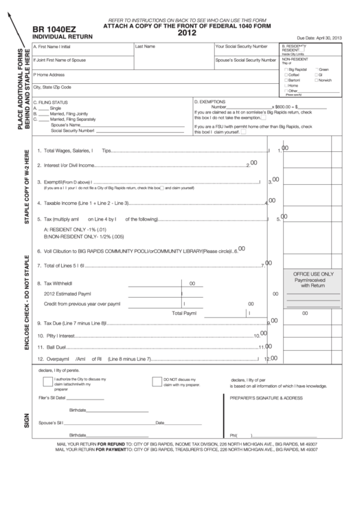 Form Br 1040ez - Attach To 1040 Form - Individual Return - 2012 Printable pdf