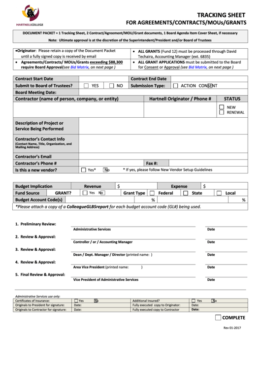 Fillable Tracking Sheet For Agreements/contracts/mous/grants Printable pdf
