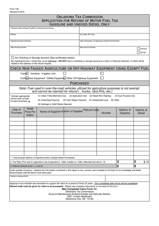 Fillable Form 130  Oklahoma Tax Commission Application For Refund Of