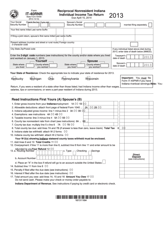 Fillable Form It-40pnr - Reciprocal Nonresident Indiana Individual Income Tax Return - 2013 Printable pdf
