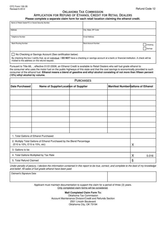 Fillable Form 130-35 - Oklahoma Tax Commission Application For Refund Of Ethanol Credit For Retail Dealers - 2012 Printable pdf