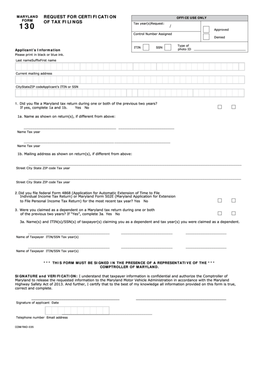 Fillable Form 130 - Request For Certification Of Tax Filings Printable pdf