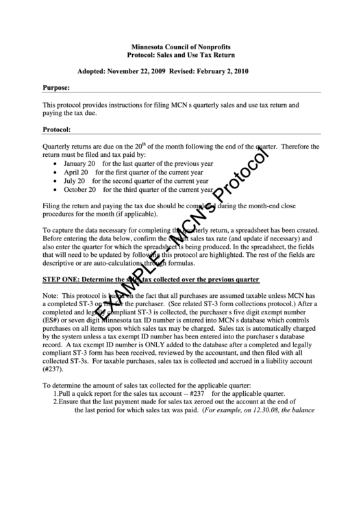 Sample Protocol: Sales And Use Tax Return - Minnesota Council Of Nonprofits Printable pdf