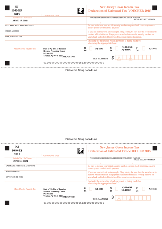 Fillable Form Nj1040-Es - New Jersey Gross Income Tax Declaration Of Estimated Tax-Voucher - 2015 Printable pdf