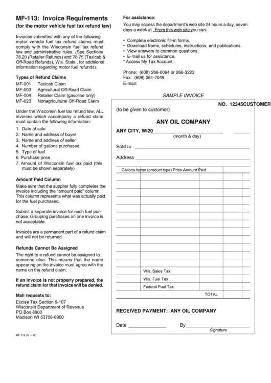 Fillable Form Mf-113 - Invoice Requirements Printable pdf